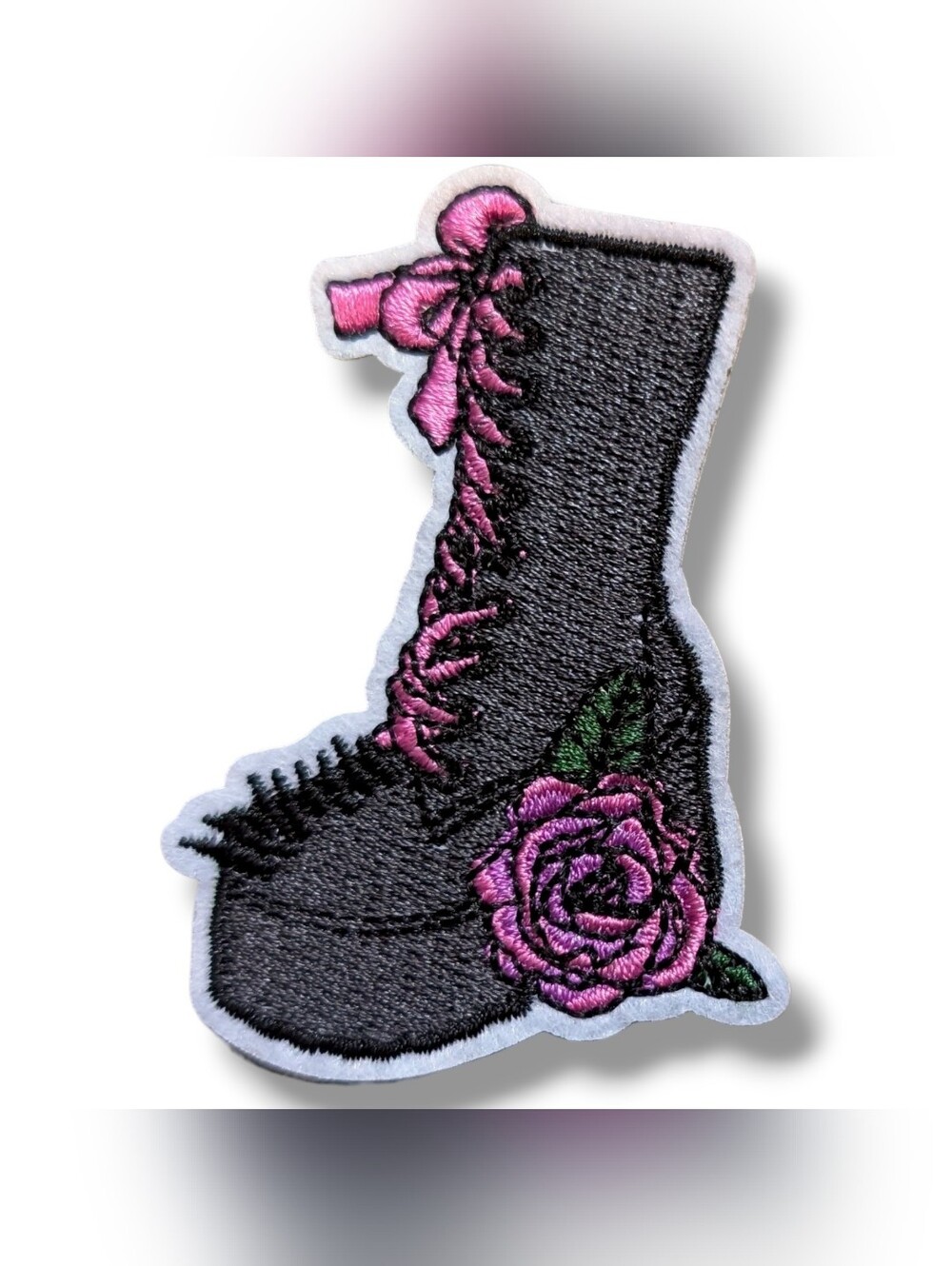 NWT Goth Kawaii Black Demonia Boots With Pink Rosees Iron On Patch